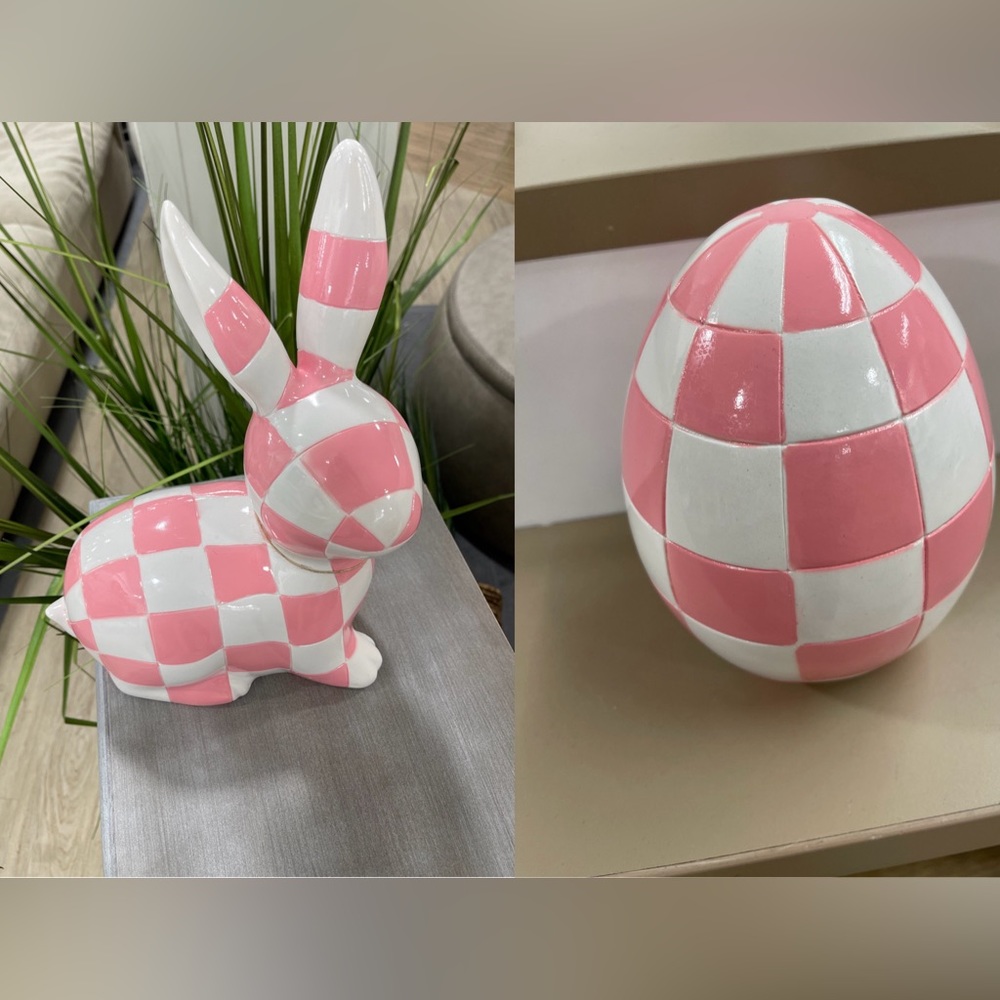 Easter Bunny & Egg Pink and White Checkered Tabletop Decor NWT HTF